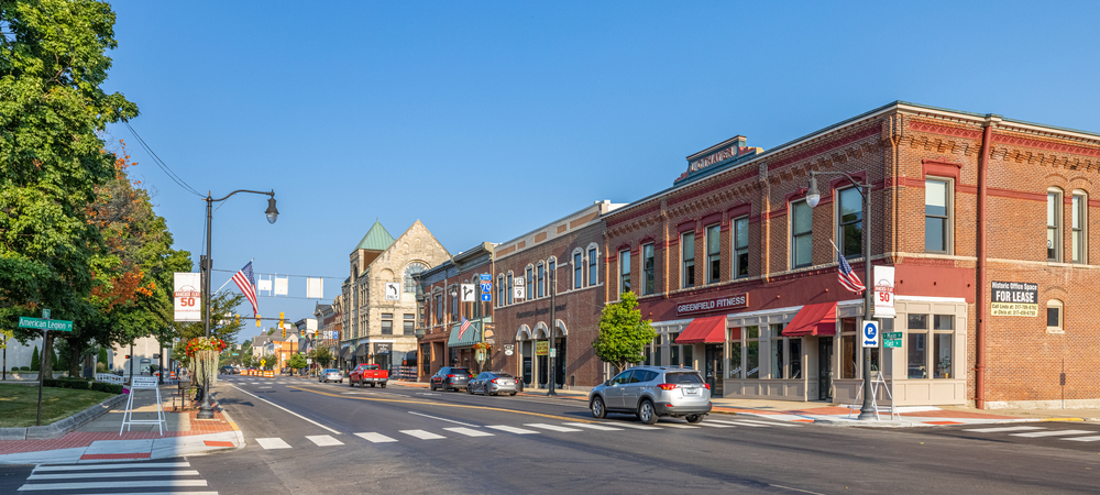 Greenfield, Indiana, United States - August 20, 2021: The business district on Main Street